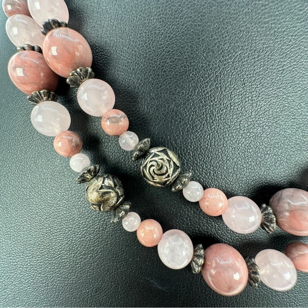 Pink Stone & Quartz Beaded Necklace Two Layer Silver-tone Bead Rose Spacers 18”